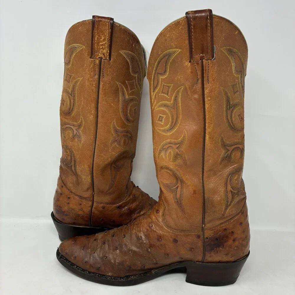 VGUC 8.5 D Justin Boots Full Quill Ostrich Cognac Tan Exotic Men's 8925 Vintage
